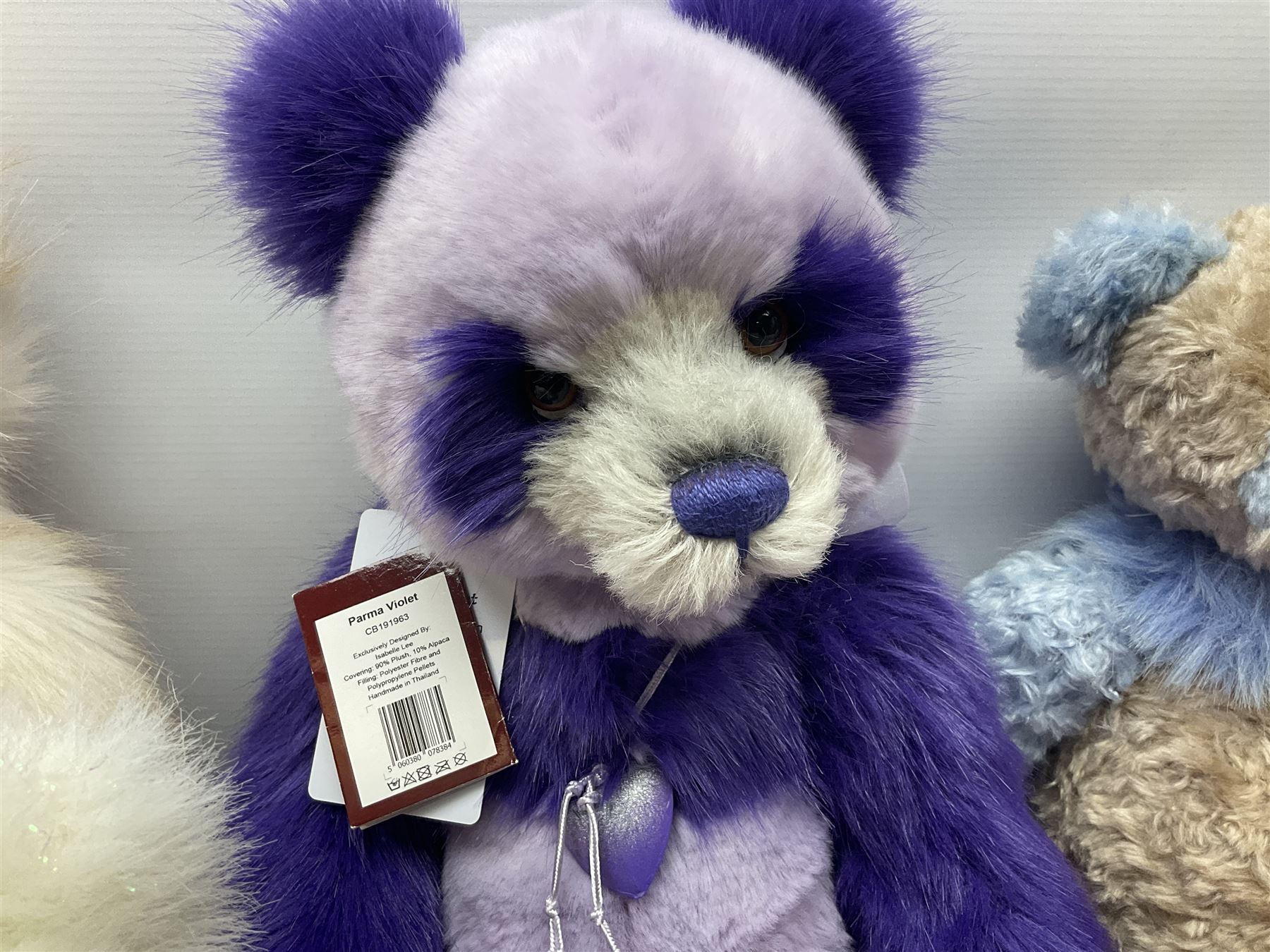 Seven Charlie Bears, comprising two limited edition examples, Parma Violet CB191963, designed by Isabelle Lee, limited to 3000, and Mary CB205250O, limited to 1000, plus Anniversary Carol CB151562, Olien CB171790, Dilly CB124946, Willamena CB202037A, and Kay CB191957B, each designed by Isabelle Lee, all with tags
