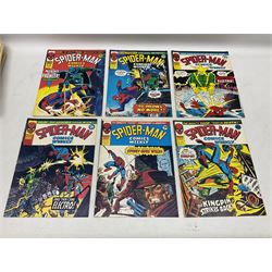 Collection of bronze age Marvel comics (1973-1976). Spider-Man Comics Weekly (1973-1976) nos 8-12, 14, 19-34, 75, 92, 95-97, 101-103, 106, 108, 109, 111, 115, 116, 121-132, 152, 155 and 156. Super Spider-Man with the Super-Heroes (1976) nos 161, 166-170, 177-182. The Mighty World of Marvel starring the Incredible Hulk (1974-1975) nos 102-04, 113-129 (excluding 115 and 120), 134, 135, 140, 143, 153-156, 158, 170, 172 and 182 (89)