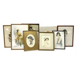 A Dickinson (British early 20th century): Portrait of Girl with Hat, two watercolours signed and dated 1914 together with two others similar and six vintage prints of flapper and art deco girls max 34cm x 24cm (10)
