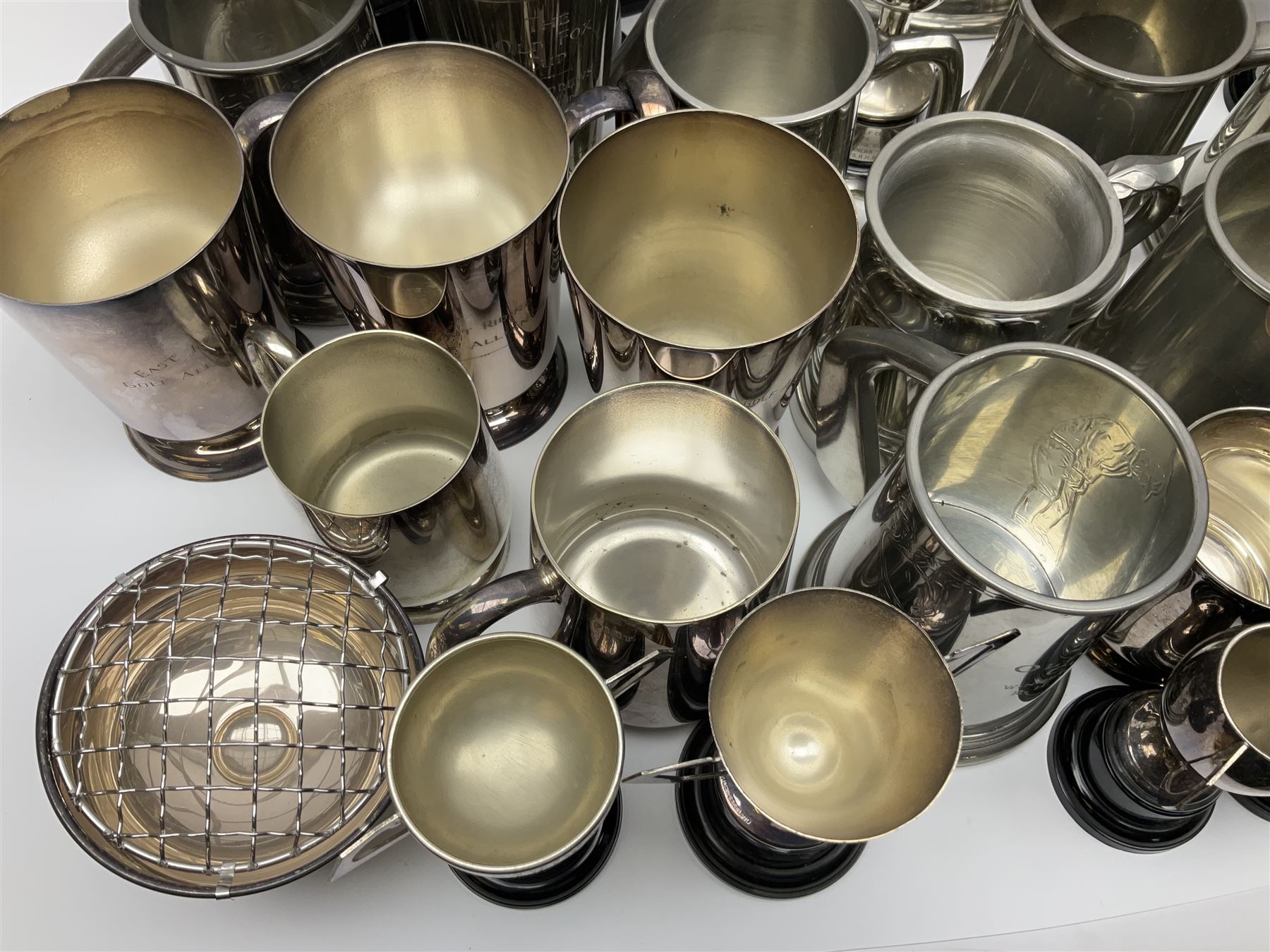 Collection of pewter and silver-plated trophy cups and presentation tankards, largest H28cm
