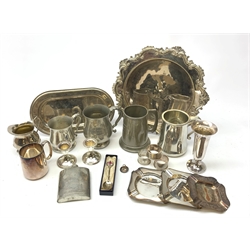  A pair of silver napkin rings, with engine turned decoration and initialled cartouche, hallmarked Charles S Green & Co Ltd, Birmingham 1939 and 1940, together with another silver example with foliate engraved detail, hallmarked Chester 1913, a modern RNLI silver souvenir spoon, plus a selection of assorted silver plate and pewter, to include tankards, dwarf candlesticks, waiter, etc.  