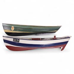 Two wooden fishing coble models, comprising SE31, with rudder, painted in blue, white and ...