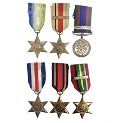 WW2 Canada Volunteer Service Medal 1939-45 with maple leaf clasp; and five WW2 Stars - Burma Star, Atlantic Star, Africa Star with 8th Army clasp, France and Germany Star and Pacific Star with Burma clasp; all with ribbons (6)