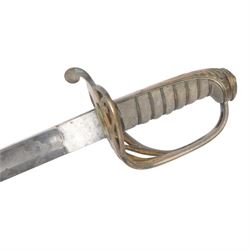 British Victorian 1845 Pattern Infantry Officer's Sword, by Henry Wilkinson, the 81cm blade by Henry Wilkinson, etched with the crowned VR cypher amidst scrolling foliage,folding sideguard, wire bound fishskin covered grip, within brass scabbard, twin suspension rings, overall L100cm