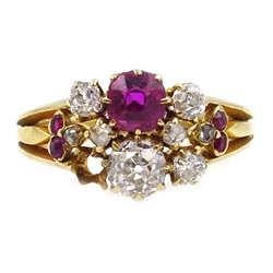  Victorian 18ct gold (tested) eight stone diamond and five stone ruby ring, the largest diamond approx 0.43 carat  
