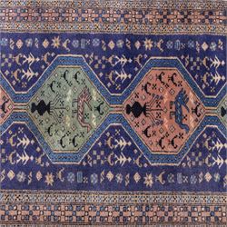 North West Persian Ardebil hand-knotted runner, indigo field composed of a vertical series of large linked hexagonal medallions alternating soft terracotta and sage-green grounds, medallions connected narrow waist panels, surround field filled with geometric devices on a pale blue ground, principal border decorated with a repeating geometric and floral motif on a light ground flanked by narrow guard stripes incorporating small rosettes, with cotton fringe ends 