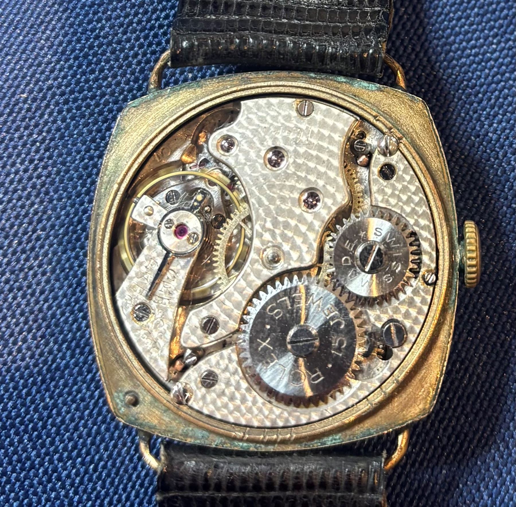 Rolex gentleman's 14ct gold-plated, cushion shaped manual wind wristwatch, circa 1930, case No. 51059, white dial with subsidiary seconds dial and luminous hands, on black leather strap