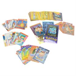 Collection of Pokemon TGC trading cards, including two WB First Movie Black Star promo cards Pikachu no. 4 and Dragonite no. 5, two Ancient Mew Black Star holo promo cards, Gym Challenge Giovanni's Persian 8/132 holo and a small collection WOTC, Neo Discovery and Neo Genesis cards, together with thirty four Bandai Carddass Pokemon cards, including prism Charizard no. 186 and Pokemon Topps cards including holo examples 