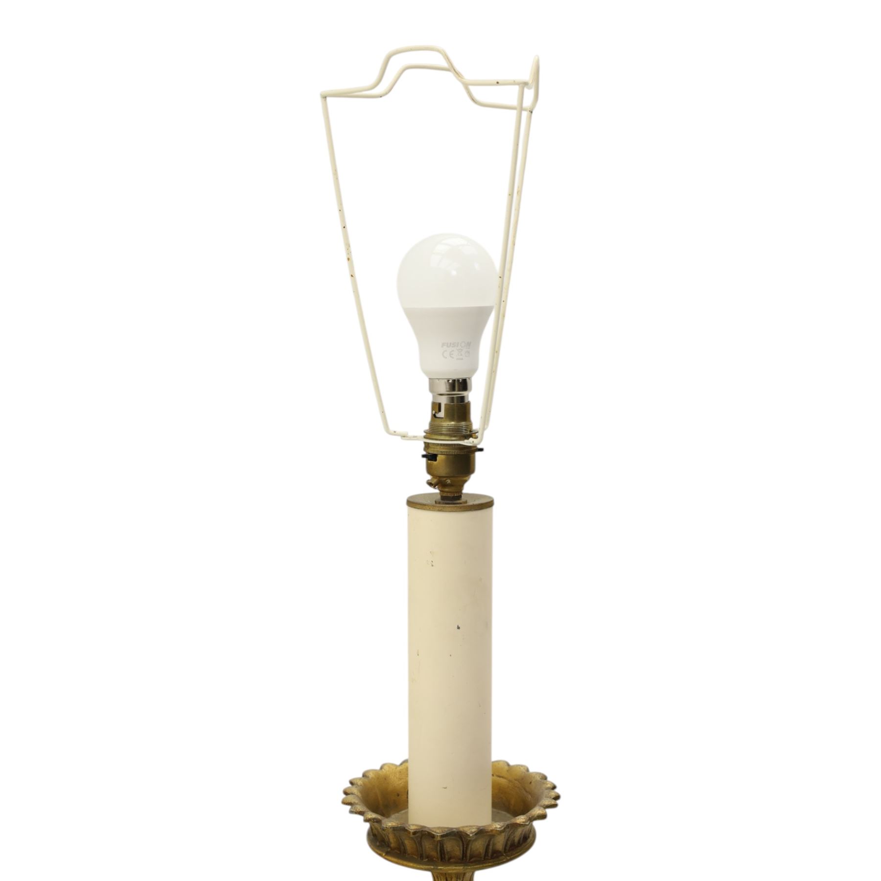 Neoclassical design table lamp, black painted and gilt metal column with fluted central section, foliate and stiff leaf cast decoration, on circular spreading base, fitted with shade frame