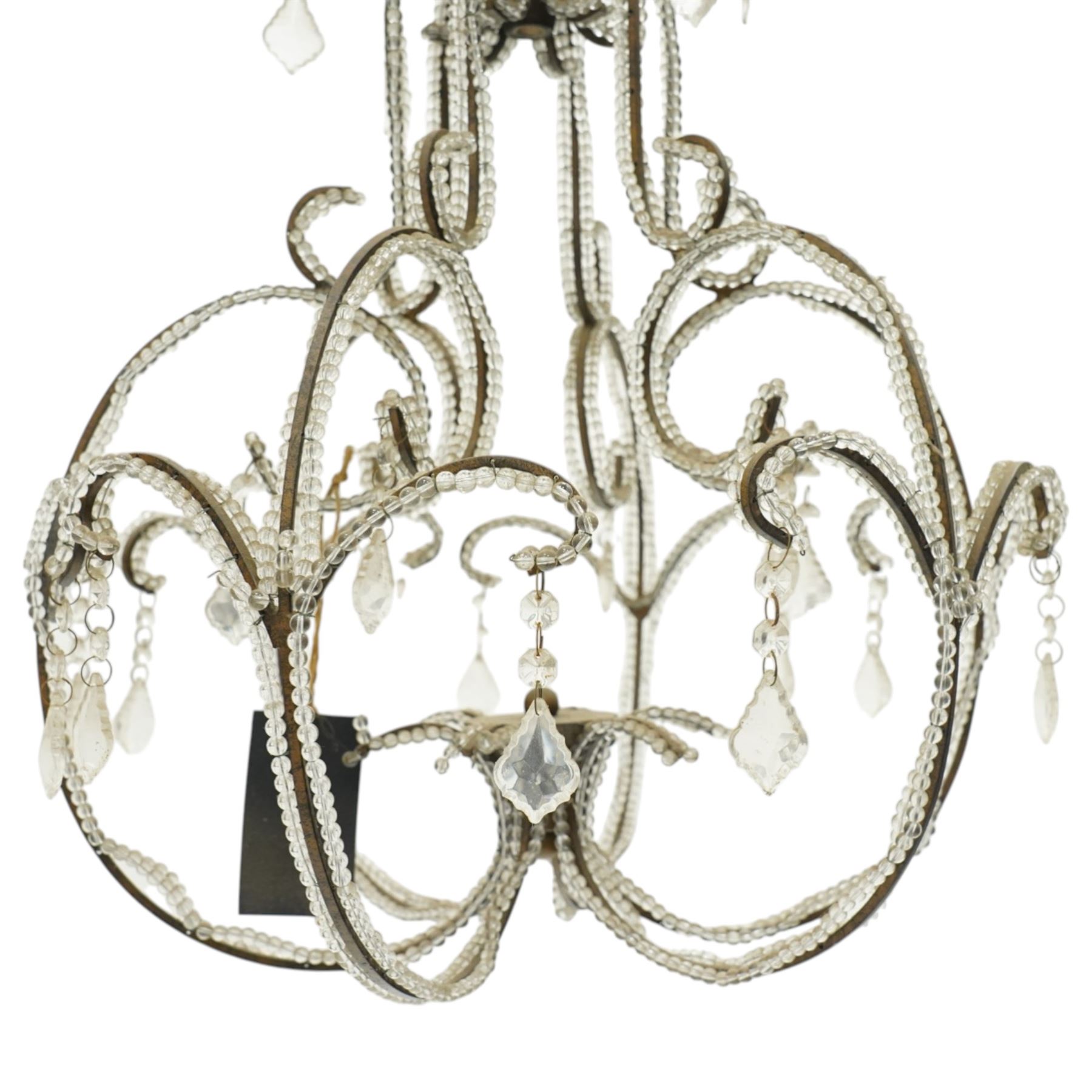 Contemporary decorative hanging chandelier frame, openwork painted metal scroll frame, with applied clear bead borders and hanging faceted glass pendants