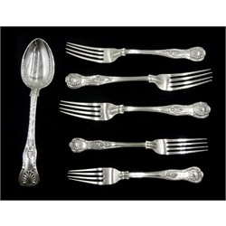 Three silver forks Kings Pattern by Chawner & Co, London 1859, two similar smaller silver forks and a silver table spoon, hallmarked, approx 17.5oz