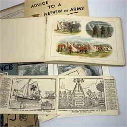 Capt. Bruce Bairnsfather The Bystander's Fragments series, six editions being nos.1-6; thirty-four WW1 cartoons by Louis Raemaekers, clipped from The Daily Telegraph October-December 1918; Advice To A Nephew In Arms illustrated by H.M. Bateman; The Kaiser's Kalendar for 1915 by S.C. Strube & W.F. Blood; Life in the Army sketched by R. Simkin Ndc1893 etc