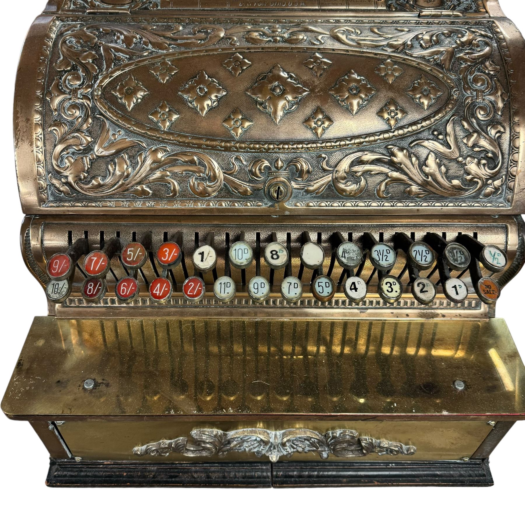 Early 20th century copper and brass till, embossed throughout with relief floral and acanthus leaf decoration, made by The National Cash Register Company Dayton Ohio USA, H46cm