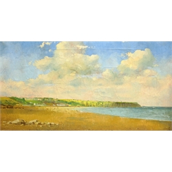 Don Micklethwaite (British 1936-): Filey Bay, oil on canvas signed 39cm x 74cm