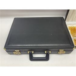 Bestecke Solingen canteen of gold plated cutlery for twelve place settings, including ladle, cake slice and serving spoons, contained within a briefcase, together with a matching set twelve of Bestecke Solingen gold plated fish knives and forks, in fitted case 