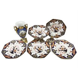 Devonport imari pattern comport set, comprising two tall comports and three low comports, together with twin handled pedestal ovoid vase, decorated with landscape with gilt swan handles, vase H25cm