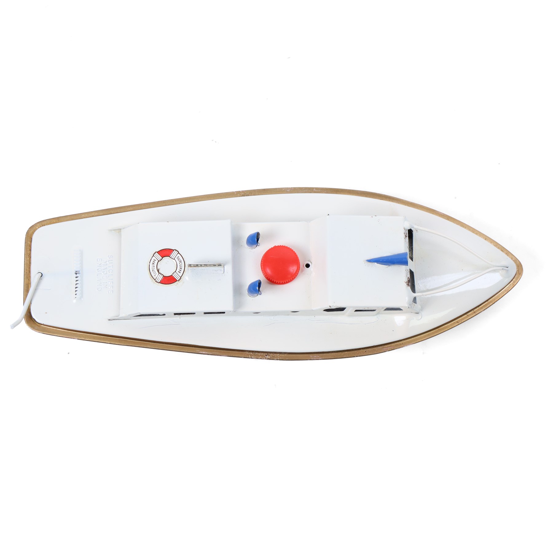 Sutcliffe Models tinplate clockwork Ocean Pilot Cruiser 'Jupiter', in red and white livery with metallic gold details, with key, boxed 