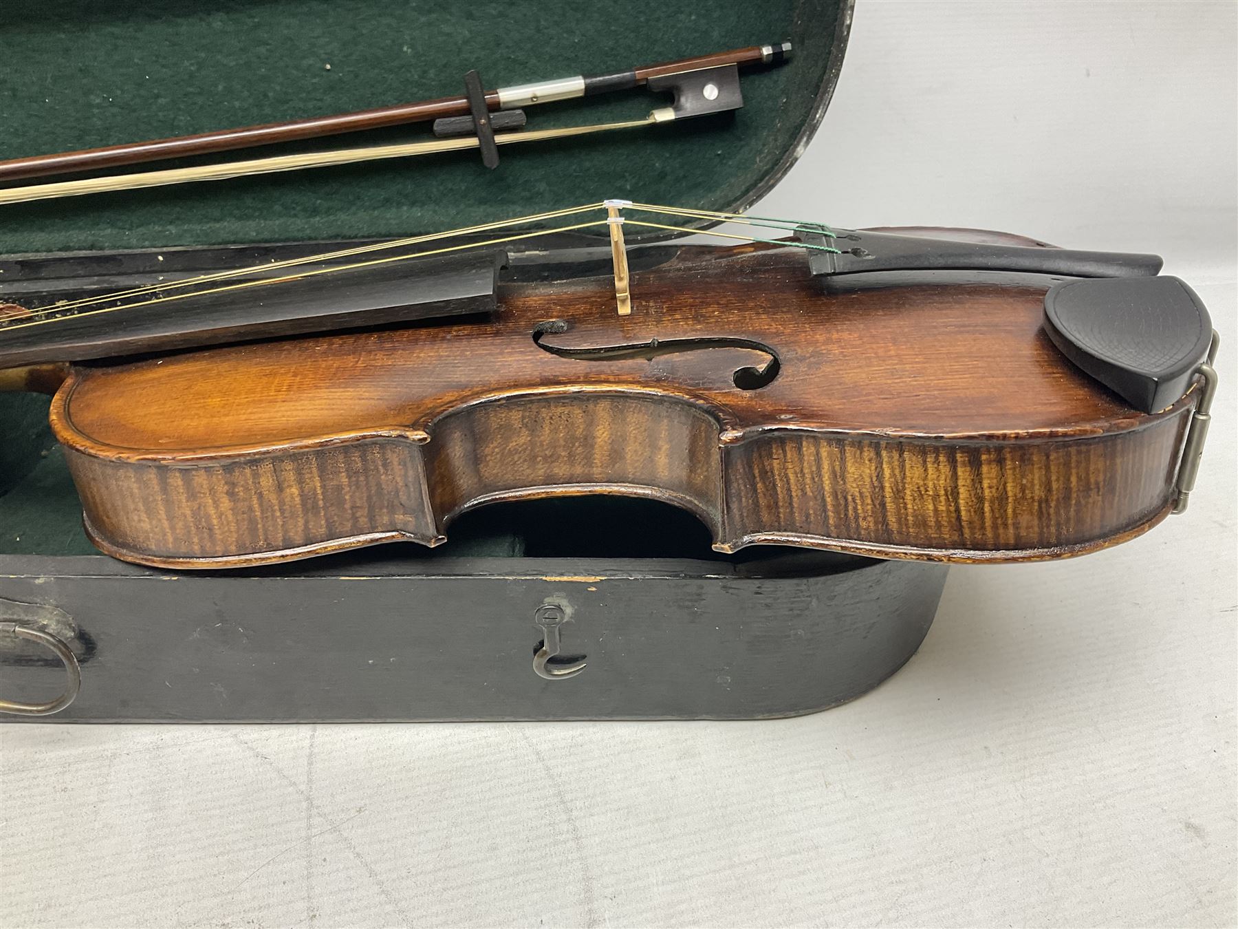 German Hopf violin c1900 with 35.5cm two-piece maple back impressed HOPF, maple ribs and spruce top, also marked HOPF internally L58.5cm overall; in Maidstone ebonised wooden coffin case with bow