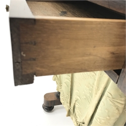  Victorian rosewood sewing table, rectangular top over single drawer with sliding bag beneath, four turned pillar supports on sledge platforms connected by stretcher, turned feet with internal castors, W57cm, H71cm, D39cm  