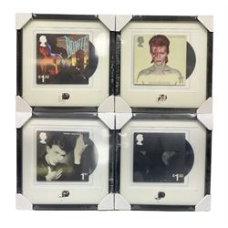 Set of four Royal Mail David Bowie limited edition album stamp prints, comprising Blackstar, Heroes, Let's Dance and Aladdin Sane, all framed and in original packaging, H43cm W43cm