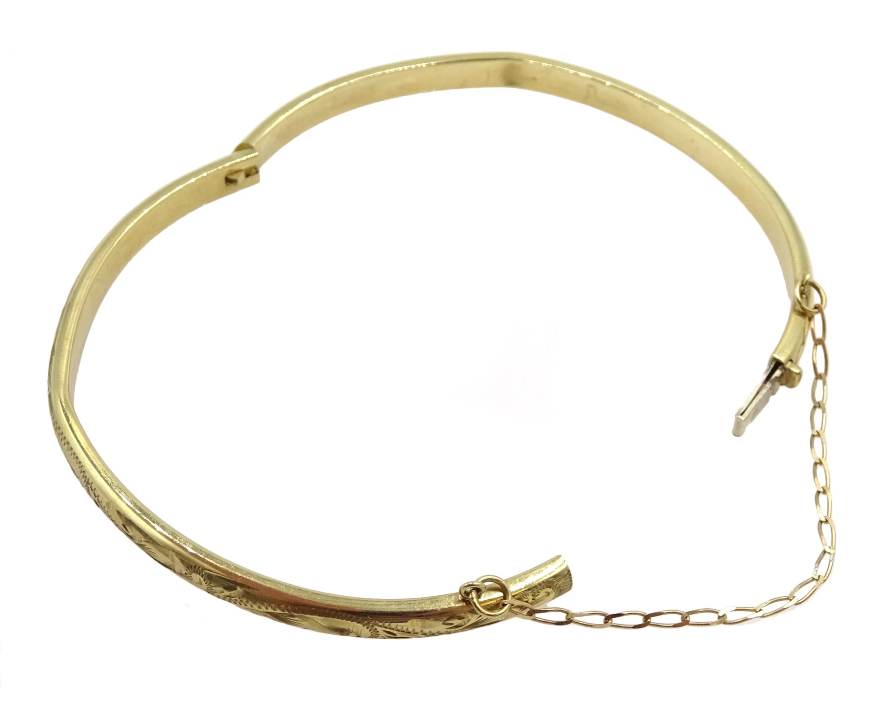 9ct gold bangle, engraved decoration, hallmarked, approx 5.5gm