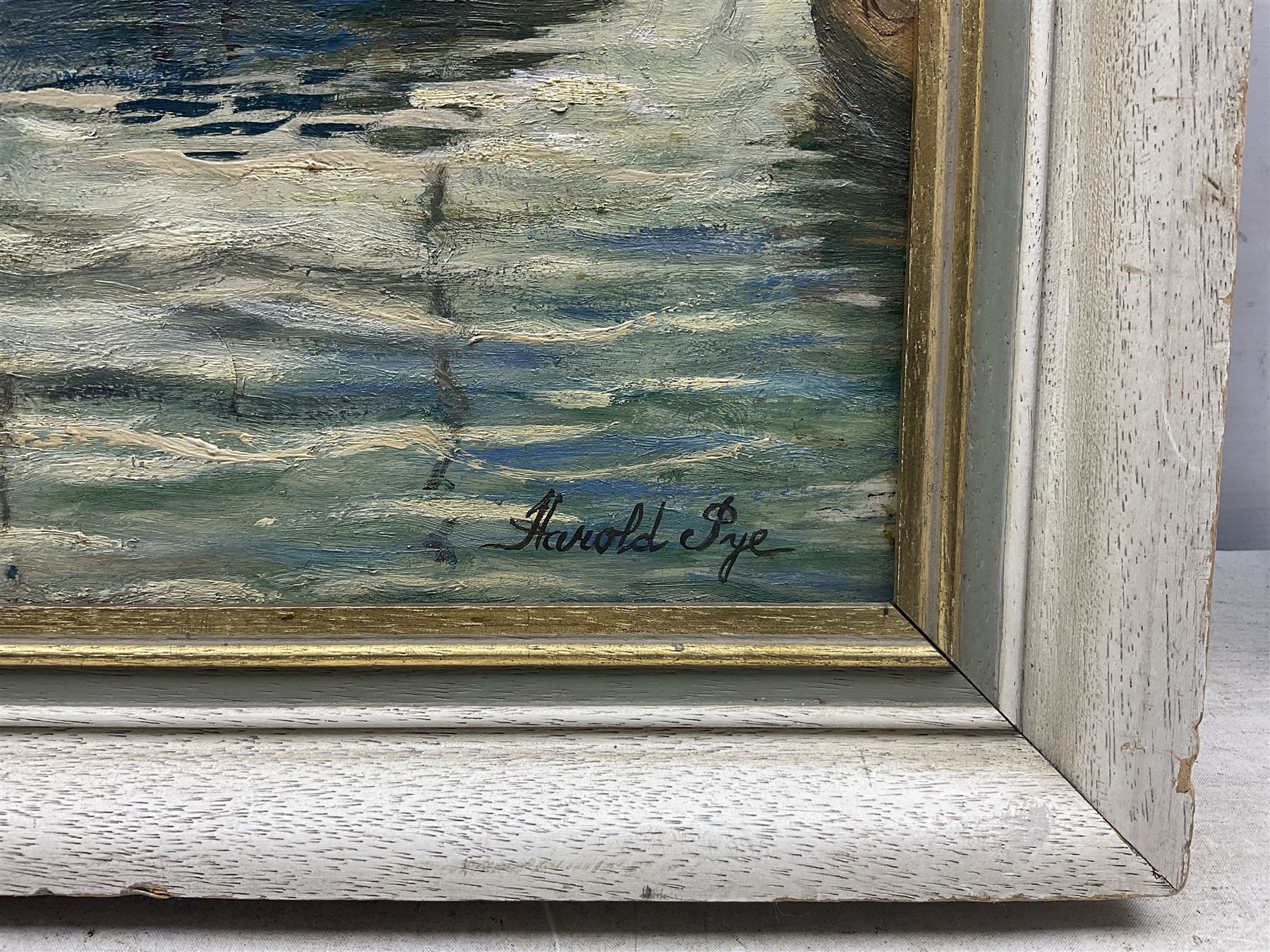 Harold Pye (Fylingdales Group mid 20th century): 'Sunrise - Bridlington Harbour', oil on board signed, titled on label verso 44cm x 54cm 