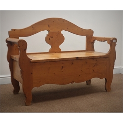  Traditional pine bench with box seat, arched back with shaped splat, solid end supports, W120cm  