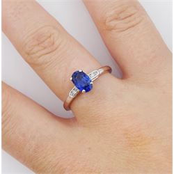 18ct white gold sapphire and diamond ring, single oval cut sapphire of approx 1.20 carat, with diamond set shoulders, hallmarked