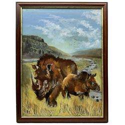 Sheila Gertrude Mackie (Northern British 1928-2010): Sumatran Rhinoceroses in the Plains and Alligator in Volcanic Landscape, pair oils on board signed with initials max 51cm x 38cm (2)
Notes: these pictures are originals from the illustrations used in 'The Great Seasons’ by David Bellamy