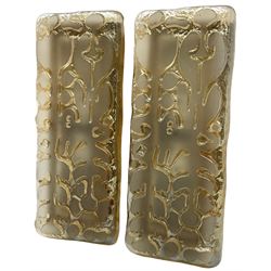 Pair of mid century iridescent glass wall lights, rectangular form moulded with floral design,  H32cm x W13cm 