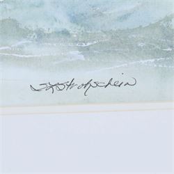 Sandra L Strohschein (American Contemporary): Lively Seascape, watercolour signed 22.5cm x 48cm; Michael McEvoy (British Contemporary): 'Tea for Two' and 'Two's Company', set of four miniature oils on canvas, signed and titled on label verso, with easels 7cm x 7cm (5) (four unframed)