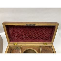 19th century burr yew wood tea caddy, of sarcophagus form, with strung details and brass mounts, the interior split into three compartments, upon four brass bun feet, together with an oak and brass bound writing slope, with red leather interior with gilt detailing, largest H16cm, W40cm