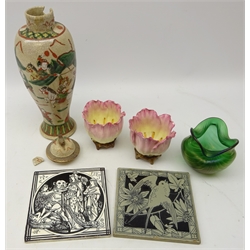  Pair English porcelain flower shaped vases on branch work base, painted W & R Rd. 101007, possibly Wiltshaw & Robinson, H10cm Loetz type vase and Chinese crackle glaze, 19th century Mintons 'The Finding of Moses' tile and Minton Hollins tile with Swallow design   