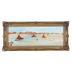 Michael Lawrence (British Contemporary): Merchant Vessels off a North African Port, oil on board signed 25cm x 71cm