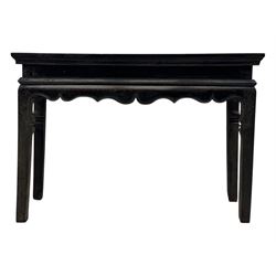 19th century Chinese black lacquer console table, rectangular moulded top over full-width drawer and scalloped apron with carved corner details, raised on square-section legs