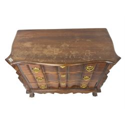 19th century Dutch serpentine chest, moulded edge, fitted with three drawers with shaped fronts and brass handle pulls, flanked by shaped uprights and panelled sides, raised on cabriole supports terminating in ball and claw feet