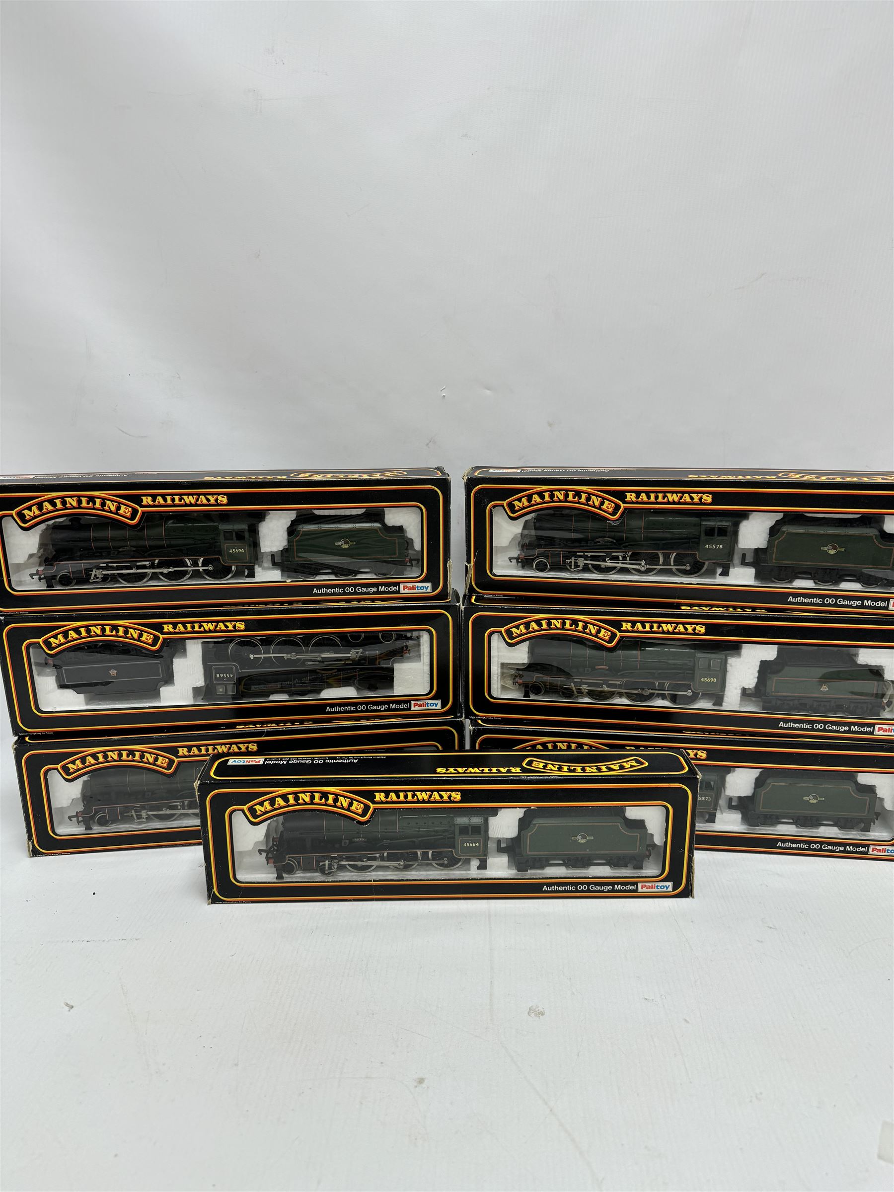 Seven Mainline Railways '00' gauge Jubilee Class 4-6-0 locomotives, comprising five 37062 in BR green livery, reworked as United Province no. 45578, Newfoundland no. 45573, Bellerophon no.45694, Nelson no. 45664 and no. 45691, 37047 Mars locomotive no. 45698 with Fowler tender in BR green livery and 936153 Western Australia locomotive no. 45568 in BR black livery, all boxed