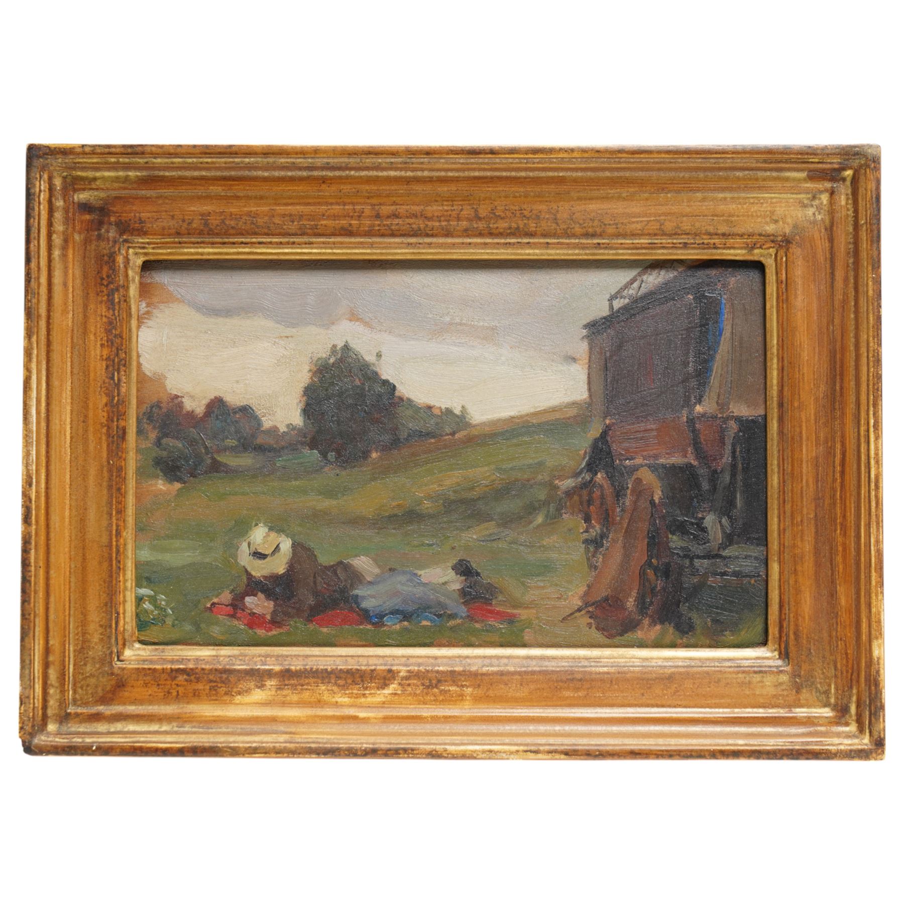 Edward Seago (British 1910-1974): 'Gypsy Caravan', oil on panel unsigned, titled on gallery label verso 12cm x 19.5cm 
Provenance: exh. Spink-Leger Pictures, Old Bond Street, London, label verso