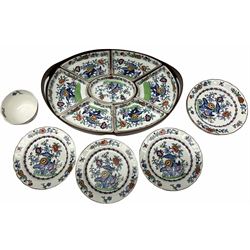 Booths Hors d'Oeuvres or supper set decorated in the Pompadour pattern, comprising seven dishes upon wooden tray L42.5cm, together with a bowl, D11.5cm, and six side plates, D19cm. 