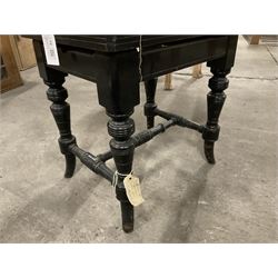 Victorian ebonised adjustable piano stool, stuffed seat over ring turned supports United by H-stretcher (W51cm D35cm H55cm); 19th century satinwood bidet or baby bath, rectangular boxed top concealing ceramic bath, raised on turned supports (W57cm D37cm H47cm) - THIS LOT IS TO BE COLLECTED BY APPOINTMENT FROM THE OLD BUFFER DEPOT, MELBOURNE PLACE, SOWERBY, THIRSK, YO7 1QY