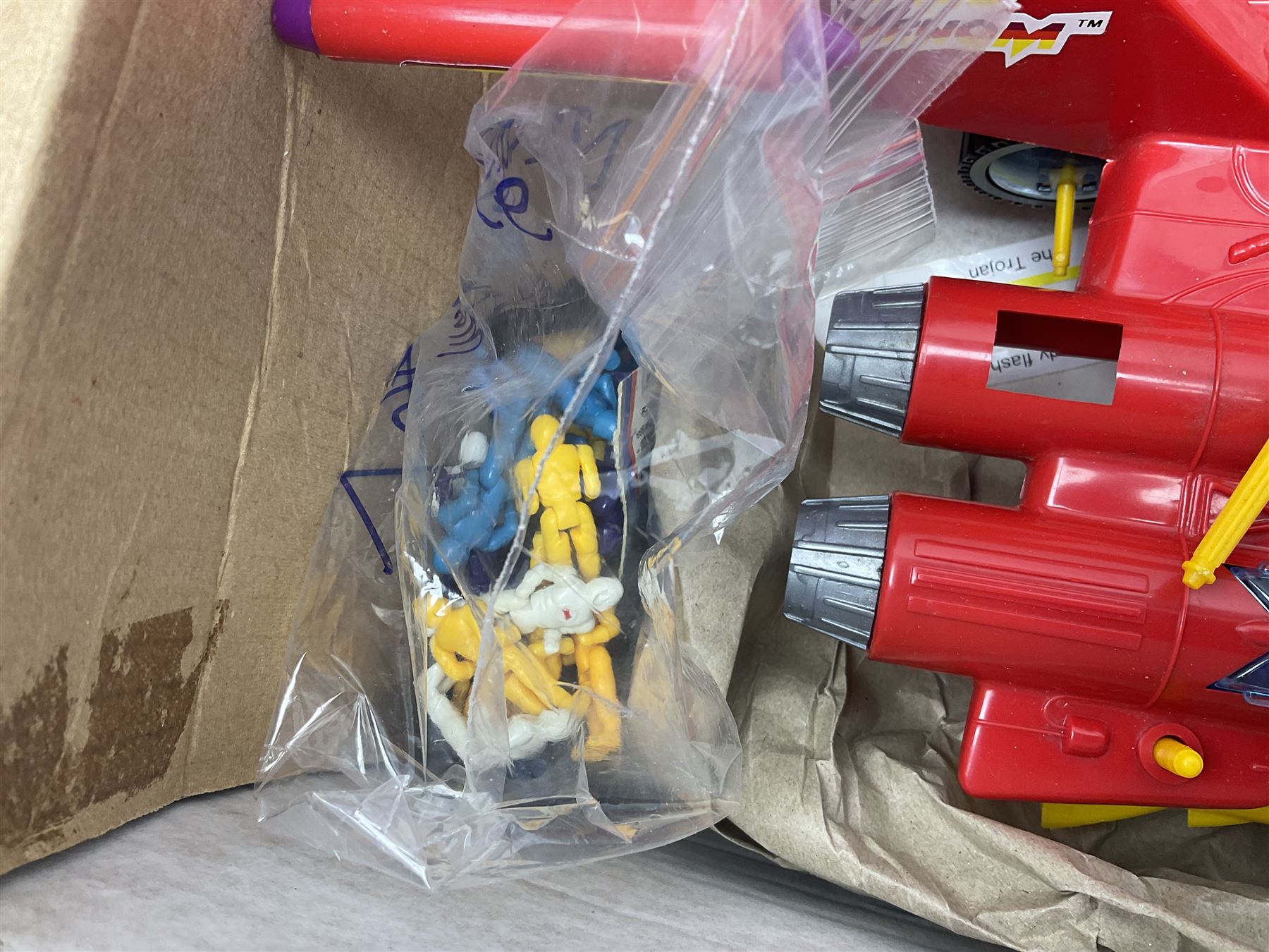 Two 1980s Bluebird Manta Force spaceship playsets - Red Venom and Entire Space Battle Force in one Gigantic Ship; both boxed with instructions.; and quantity of spare figures