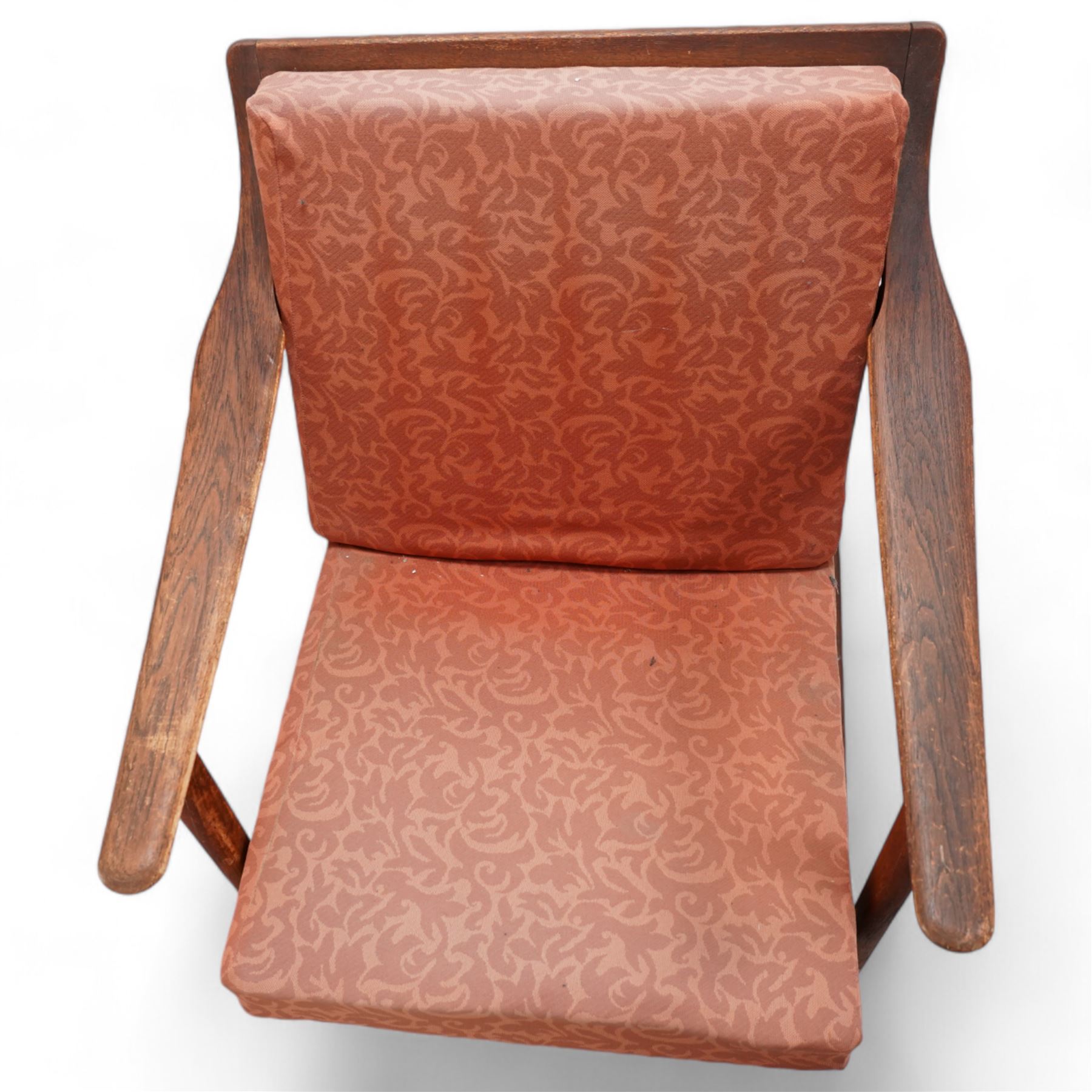  Arne Hovmand-Olsen (1919-1989) for Mogens Kold of Denmark - pair of mid-20th century teak open easy chairs, sprung loose cushions upholstered in loose foliate patterned burnt orange fabric, stamped to underside of chair