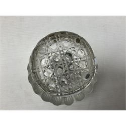 Late 19th/early 20th century heavy cut glass inkwell, the hinged lid with hobnail cut decoration and brass collar upon the circular thumbprint dimpled body, with star cut base, H10cm
