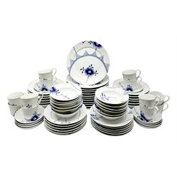 Royal Copenhagen tea and dinner service for twelve place settings, decorated in the Mega Blue Fluted pattern, pattern number 622, comprising dinner plates, salad plates, bowls with pierced rim, smaller bowls, tea cups, and saucers, dinner plates D27.5cm, salad plates D22cm