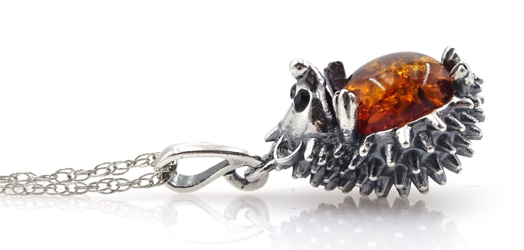 Silver amber hedgehog pendant necklace, stamped 925
