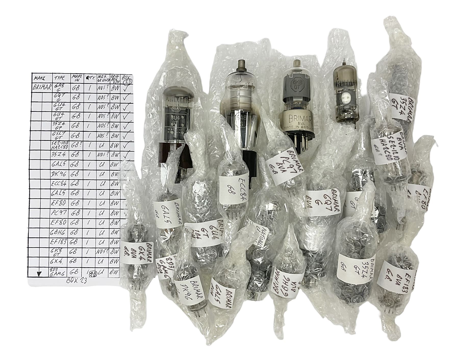 Collection of Brimar thermionic radio valves/vacuum tubes, including EF80, 6U4GT, 6A8G, 6K8GT, etc approximately 20 as per list, unboxed