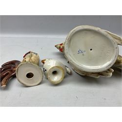 Pair of fighting cockerels from Italy together with three other ceramic cockerels, largest H30cm 