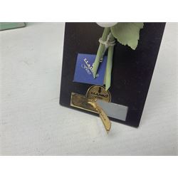 Seven Lladro flowers, comprising Japanese Camelia on base no 5181, Yellow Begonia on base no 5186, Miniature Begonia on base no 5188, Chrysanthemum on base no 5189, California Poppy no 5190.B, Miniature Begonia 5188.B and White Carnation no 5184.B, together with Lladro Spanish Joining pack with 17616 Winter Bell, Additional Lladro parasols and flowers etc 