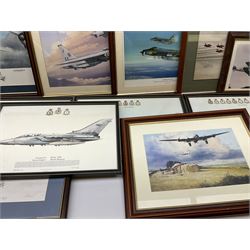 Thirteen framed and one unframed prints of military aircraft; and framed cross-stitch picture of a BAL Lightning F.6 (15)