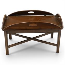 Georgian design mahogany butler's tray coffee table, rectangular tray with hinged shaped s...